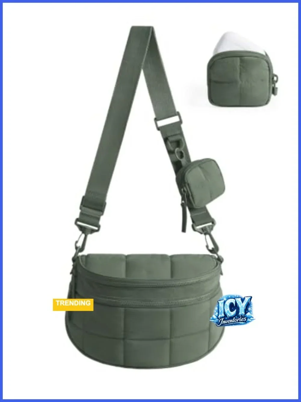 Quilted Nylon Puffer Crossbody Bag with Detachable Pouch, Adjustable Strap